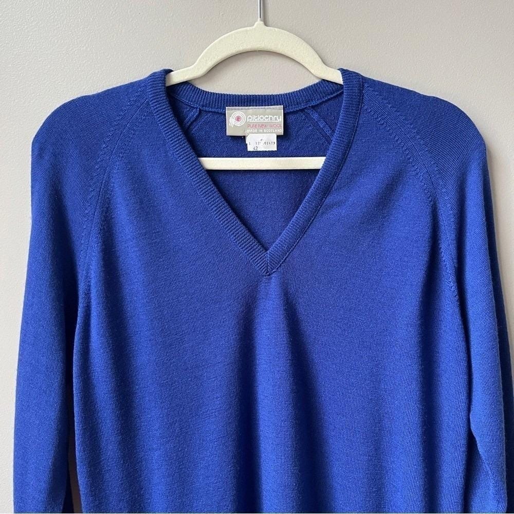 Vintage Sweater Women's L Wool Royal Blue New Deadstock Scottish Preppy Classic - Picture 5 of 12